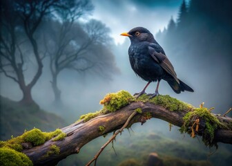 Fototapeta premium Enigmatic black bird perched high, shrouded in mystical foggy treetops.