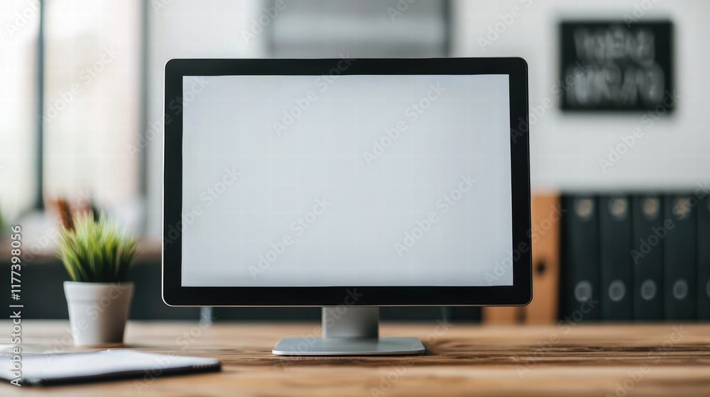 Poster computer monitor showing blank screen in modern office workspace