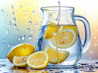 Refreshing Still Life Glass Pitcher with Water and Lemons Kitchen Counter Fine Art Bright Atmosphere Close-Up Natural Beauty