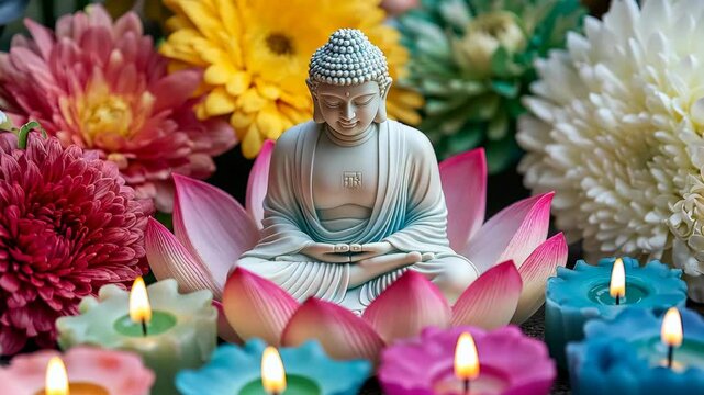 Buddha Statue with Colorful Flowers