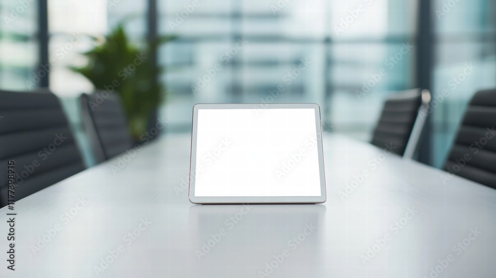 Aufkleber digital tablet with blank screen standing on meeting table in modern office