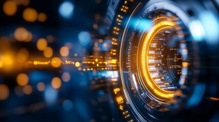 A close-up of a futuristic, glowing circular mechanism, showcasing vibrant lights and intricate details, evoking a sense of technology and innovation.