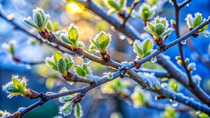 Tree branches with frost and budding leaves show signs of winter and spring icy crystals cling to branches while fresh green buds emerge symbolizing seasonal transition.