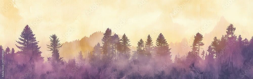 Poster Silhouette of a tranquil forest at dusk with muted colors creating a calming atmosphere