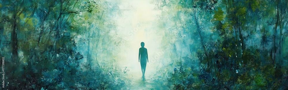 Poster silhouette of a person walking through a misty forest at dawn surrounded by ethereal green tones