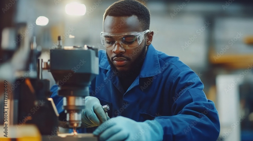 Poster a technician working with machinery in an industrial setting, focused on precision tasks.