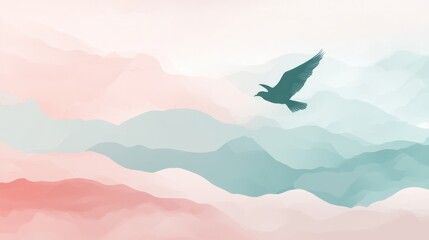 Silhouette of a bird soaring through pastel-colored abstract mountains at dawn