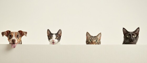four cute animals peeking over a white wall