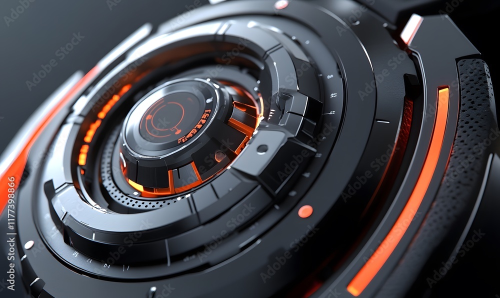 Poster futuristic circular tech device with orange accents.