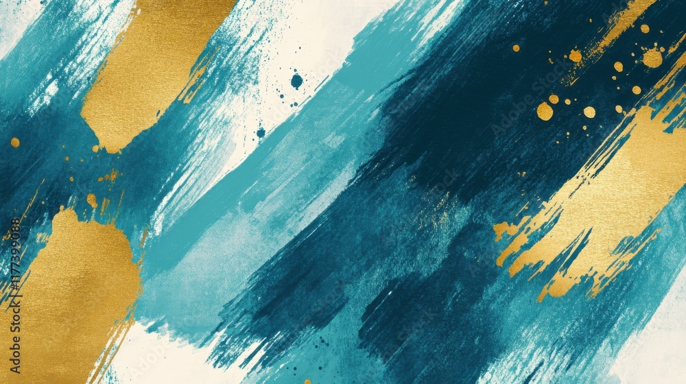 Poster abstract pencil strokes create a vibrant background with gold and teal hues enhancing the artistic c