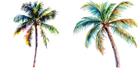 Tropical palm trees coastal paradise watercolor art vibrant nature aesthetic design serenity and calm