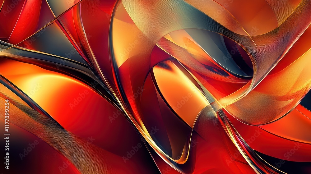 Poster vibrant red abstract composition with overlapping shapes creating depth and movement