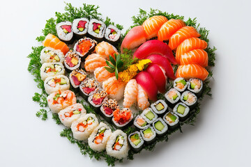 Heart shaped sushi set. Valentine day concept.