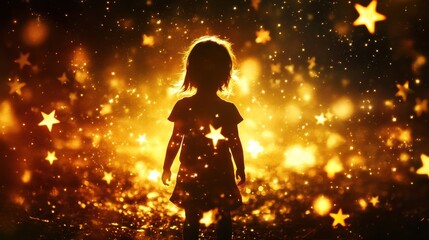 Vibrant glowing child surrounded by sparkling lights in a magical setting