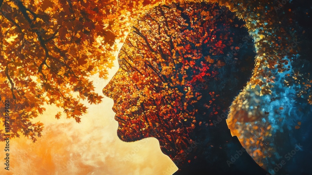 Poster portrait of a man blending with autumn foliage in a serene natural setting during sunset