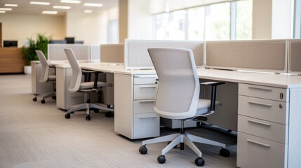 Empty modern office desks creating inviting workspace for corporate collaboration