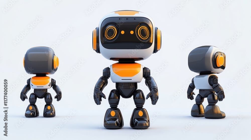Poster a trio of stylized robots in a playful design, showcasing futuristic technology.