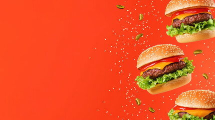 Delicious floating burgers with lettuce, cheese, and ketchup on vibrant background