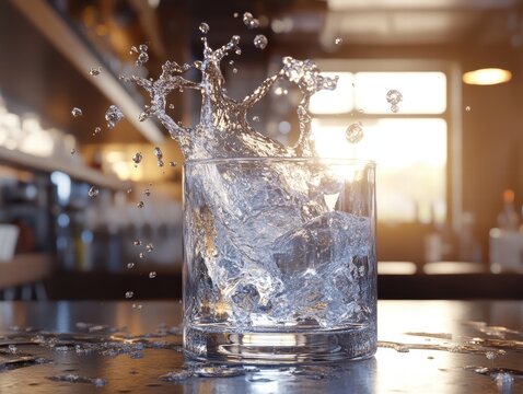 Dynamic Motion of Water Poured from a Tall Baaf Indoor Setting Photography Modern Environment Close-Up Fluid Dynamics