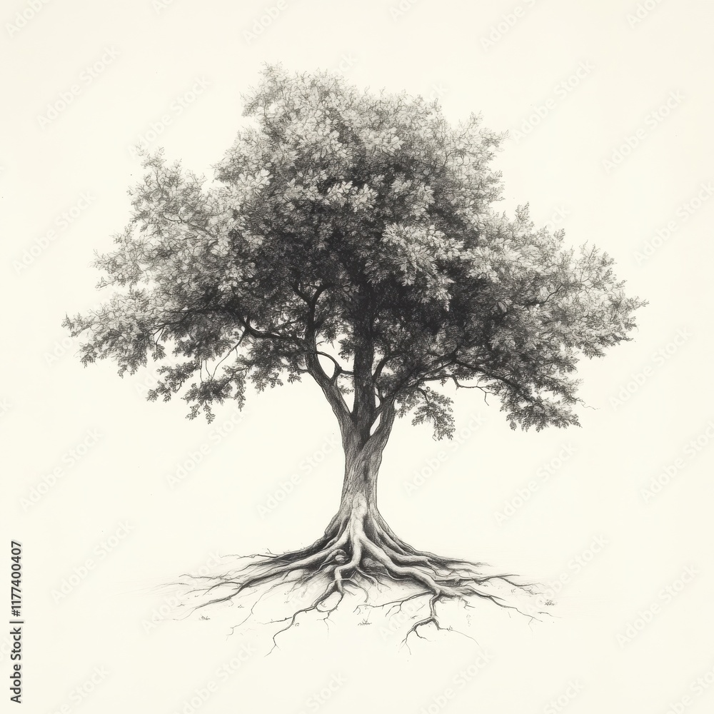 Poster Tree with exposed roots and a lush canopy thriving in a serene natural setting during daylight hours