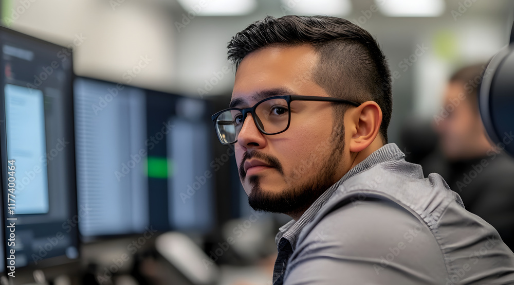 Poster a focused individual working at a computer, engaged in a task within a modern office environment, sh