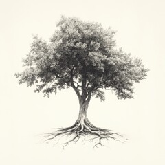 Fototapeta premium Tree with exposed roots and a lush canopy thriving in a serene natural setting during daylight hours