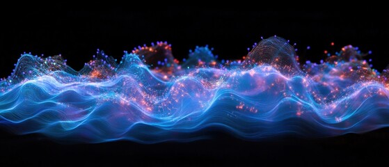 abstract blue and purple waves with glowing particles