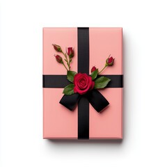 Beautifully wrapped gift box in soft pink with black ribbon and roses