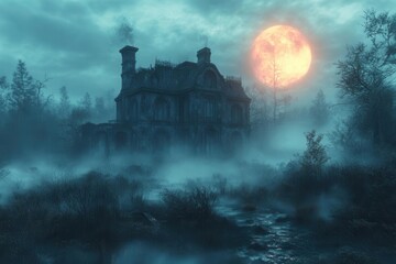 Naklejka premium atmospheric 3d halloween horror house scene with moonlit gothic architecture and eerie fog effects for spooky holiday illustration