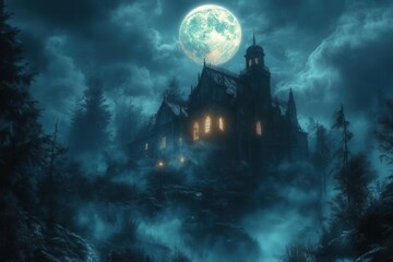 atmospheric 3d halloween horror house scene with moonlit gothic architecture and eerie fog effects for spooky holiday illustration