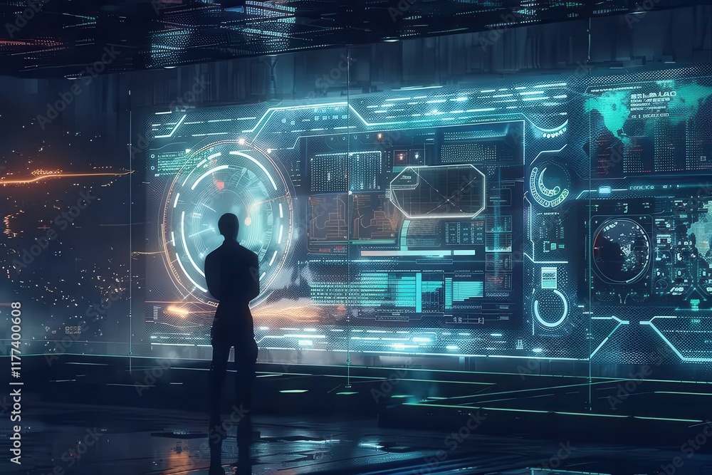 Aufkleber a silhouetted figure stands before a futuristic interface displaying data and a world map