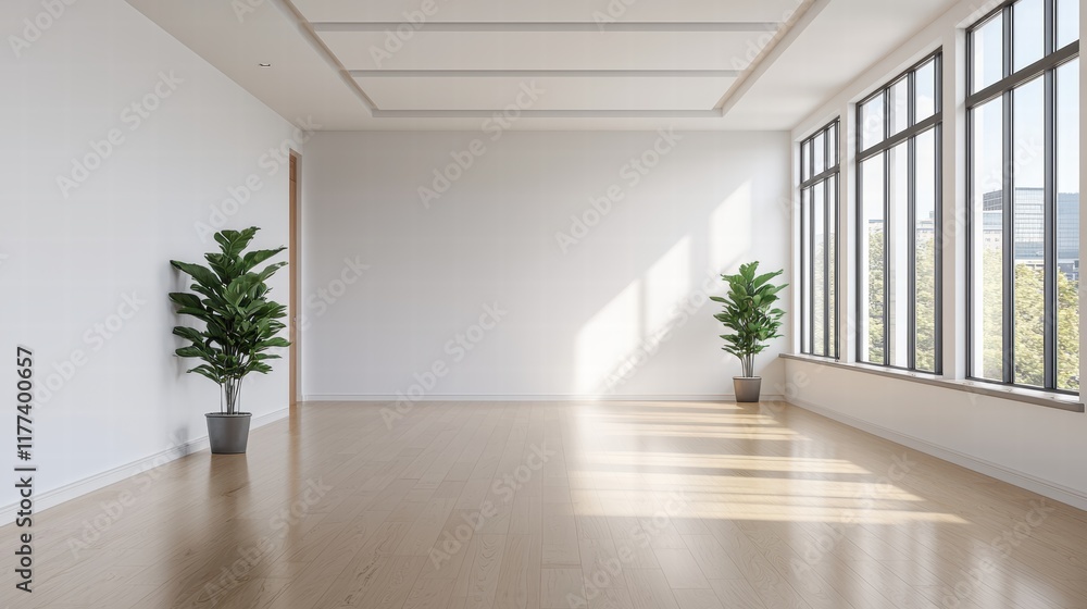 Poster empty modern office with natural light streaming through large windows