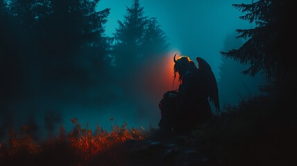 Winged figure with horns sits in dark misty woods at night. Use for fantasy