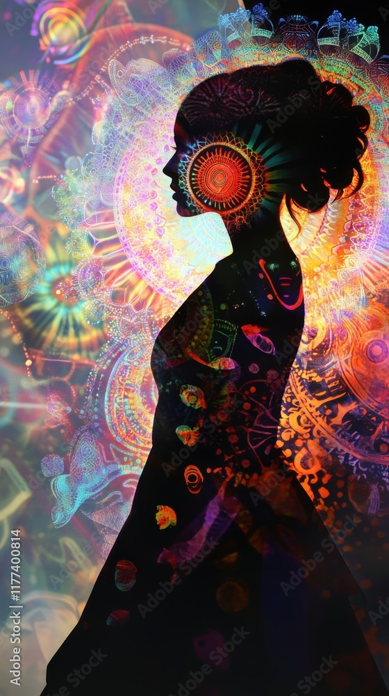 Poster surreal representation of a glowing woman amidst vibrant patterns and colors at twilight