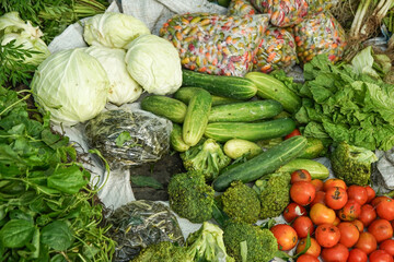 Various kind of vegetables and fruits are sold in Indonesian traditional wet market.