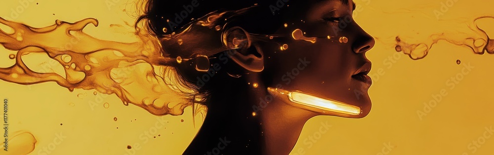Poster Surreal representation of a model's face immersed in vibrant orange liquid, creating an abstract visual experience