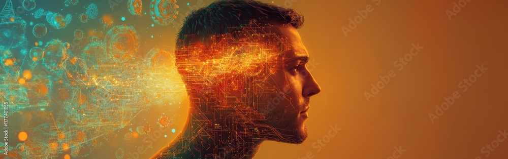 Poster surreal representation of a glowing man merging with abstract lights and digital patterns in an ethe