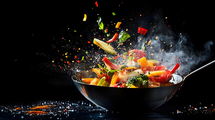 vibrant stir fry with colorful vegetables and spices flying in wok, showcasing culinary action and creativity