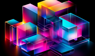 Generative AI abstract illustration of geometric shapes and structures in colorful neon colors and lights in cyberspace against dark background
