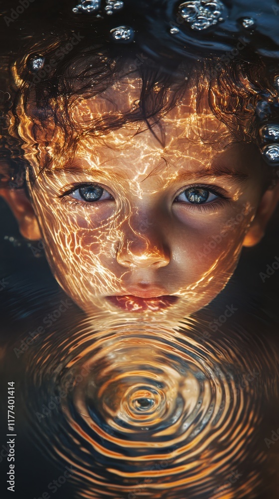 Aufkleber surreal portrait of a glowing child immersed in water at dusk with intricate reflections