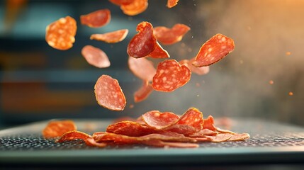 Fototapeta premium Delicious Salami Slices Falling Onto a Tray