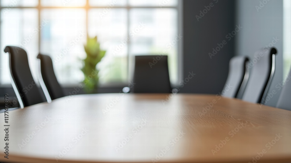 Poster empty round table in modern office setup for collaborative meeting