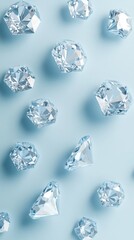 Sleek minimalistic composition of scattered diamonds on a light blue surface showcasing elegance and simplicity