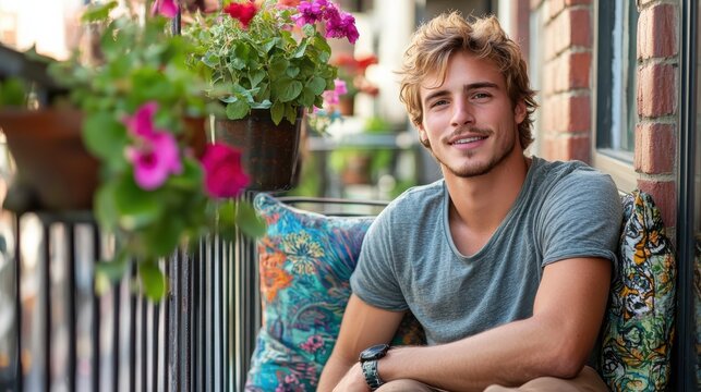 Relaxing on a small balcony adorned with colorful cushions and blooming flowers during a sunny day