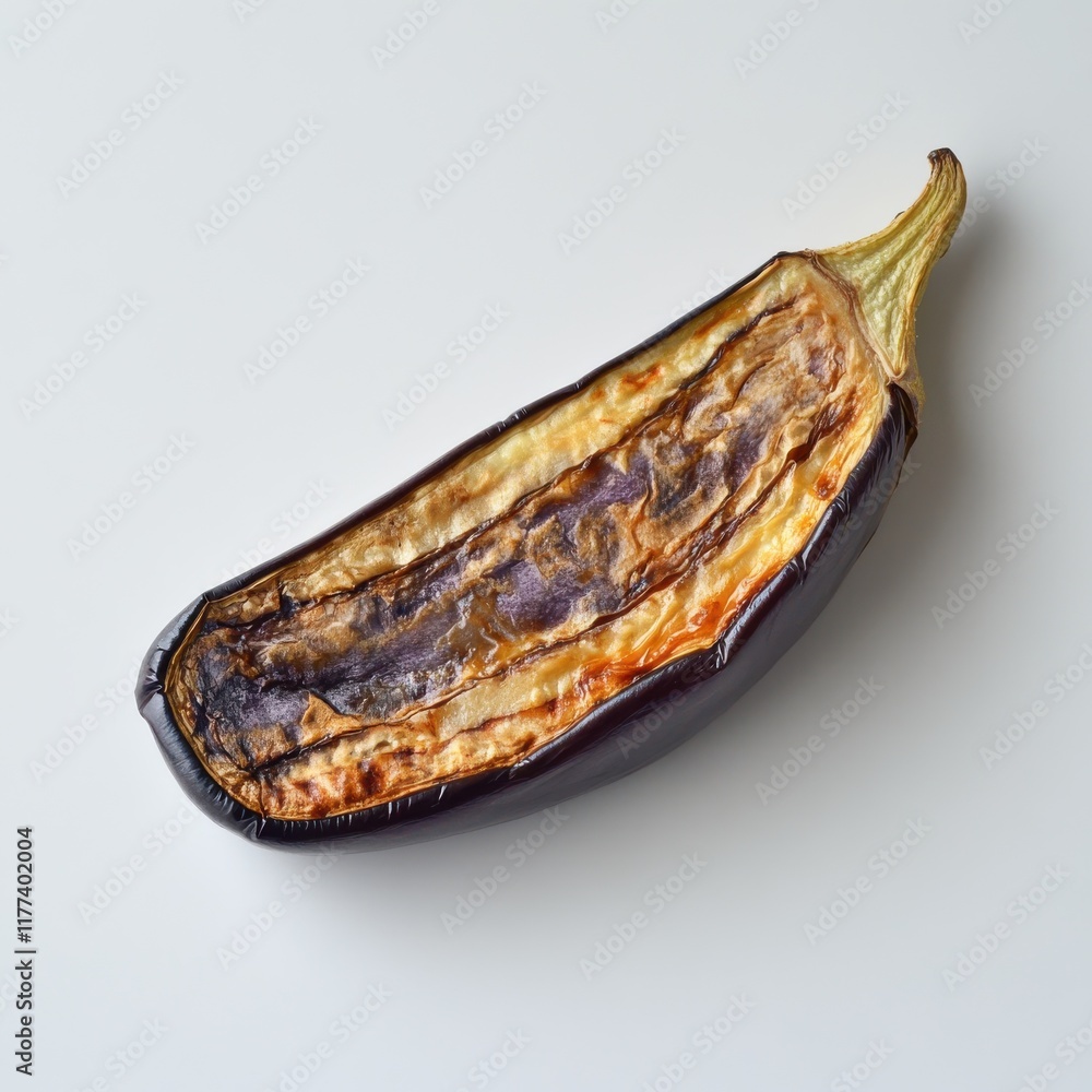 Poster roasted eggplant slice with golden edges on a clean background showcasing its rich texture and color