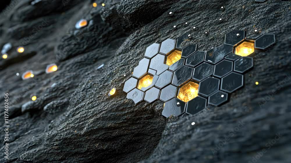 Poster clusters of hexagonal shapes with glowing lights are embedded in a rugged surface, producing a capti