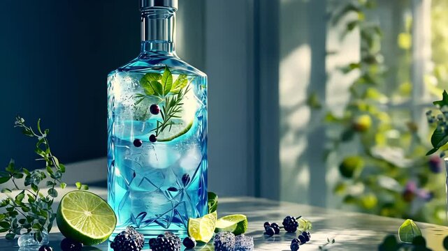 A gin bottle surrounded by fresh limes, berries, and herbs, creating an atmosphere of freshness and elegance.