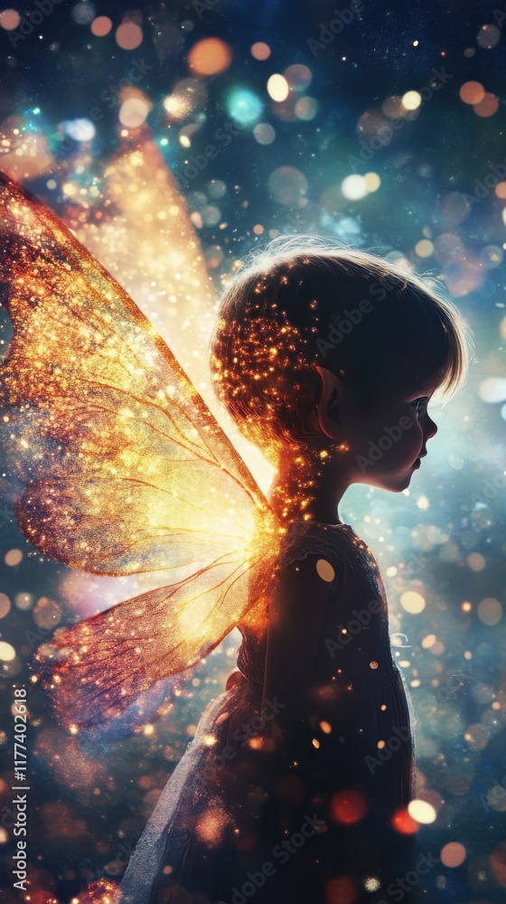 Poster Child with glowing wings illuminated by a magical light in a dreamy forest setting at twilight