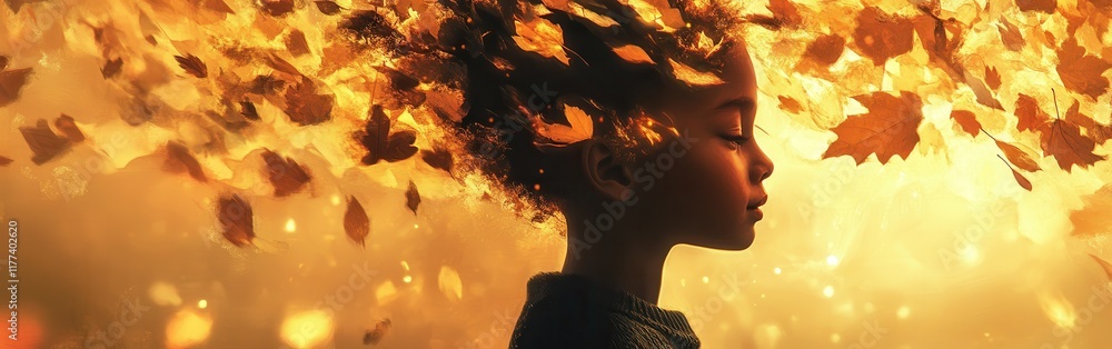 Poster child shining amidst falling autumn leaves creating a magical atmosphere of tranquility and wonder