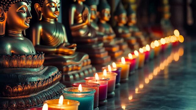 Row of Buddha Statues with Glowing Candles